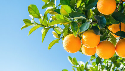 Bright oranges hanging on a lush green tree against a clear blue sky, showcasing the beauty of nature's bounty.