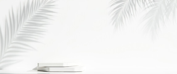 layered hexagonal white platforms with palm leaf shadows