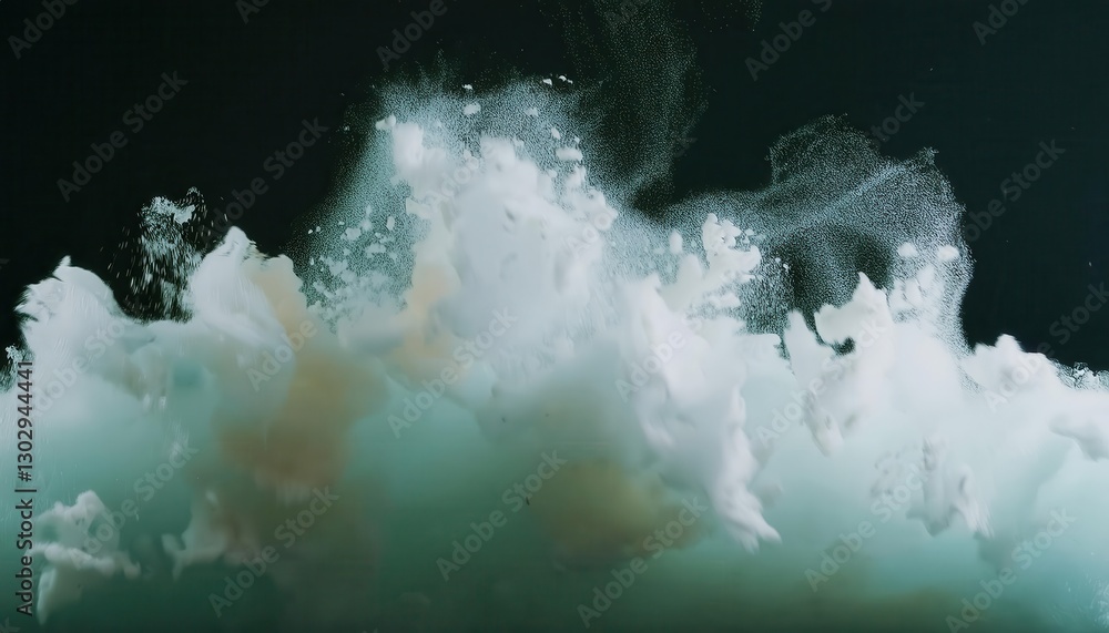 Poster ethereal explosion of white foam in dark atmosphere, abstract surreal cloudburst with fine particle dispersion, dreamlike visual for artistic and conceptual background