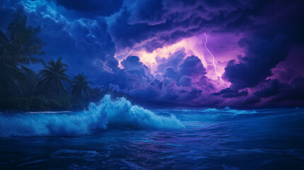 Fototapeta premium Dramatic storm over tropical island with thunderous waves and dark skies