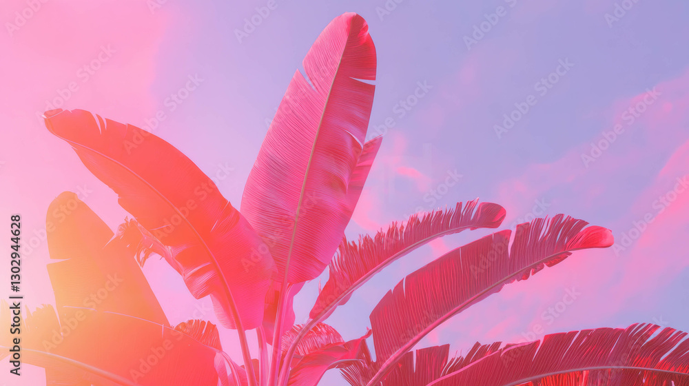 Poster pink gradient with tropical leaves in abstract design for creative projects