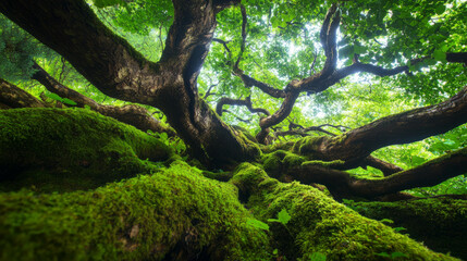 Ancient tree with rough bark and deep grooves in lush forest setting