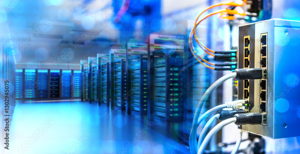 Poster network hardware. telecommunication technologies. server room. modem with fiber optic cables. router
