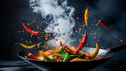 Vibrant Stir-Fry of Mixed Chili Peppers in a Wok - Colorful and Dynamic Cooking Scene