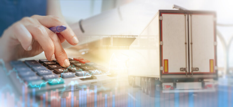Calculation of logistics costs. Truck is driving along road. Calculator with accountant hand. Calculation of profits from logistics. Freight transportation costs. Logistics business