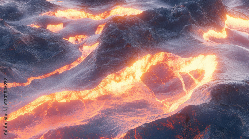Poster fiery volcanic landscape with flowing lava and sharp rocks