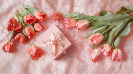  a romantic Valentine's Day top view image. The scene should feature a charming gift box in soft pink, adorned with a silky ribbon bow,