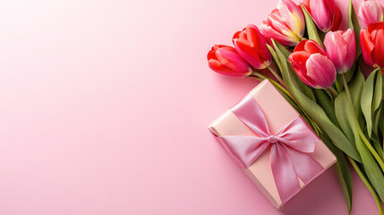  a romantic Valentine's Day top view image. The scene should feature a charming gift box in soft pink, adorned with a silky ribbon bow,