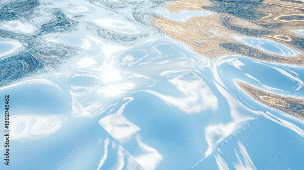 Poster abstract reflection pattern on smooth polished metal surface with sky and cloud highlights
