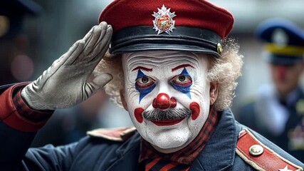 Clown in Uniform: A clown dressed in a military-style uniform salutes with a mischievous glint in his eyes, playfully blending the worlds of humor and authority, set against a blurred urban backdrop.