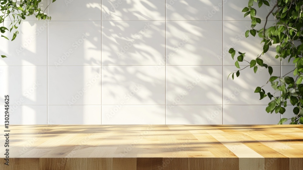 Poster natural light filters through leaves, casting intricate shadows on a smooth wooden surface. this pea