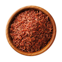 Top view of wooden bowl filled with red cargo rice isolated on white background
