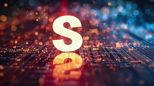 Abstract Golden Letter S on a Dark Blue and Red Tech Background with Glowing Circuitry and Bokeh Lights for Digital Innovation and Futuristic Communication Concept with High Detail Renderings