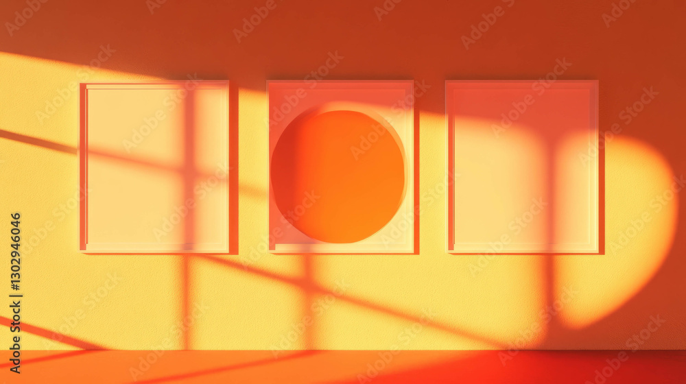 Poster minimalistic art composition with three white frames and circular accent on orange wall