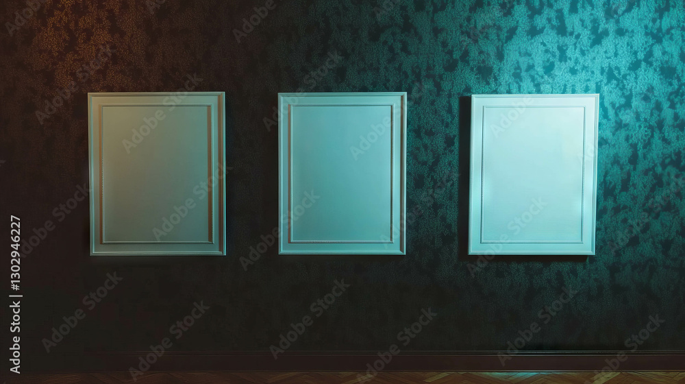 Poster elegant interior design with three white frames in a diamond pattern