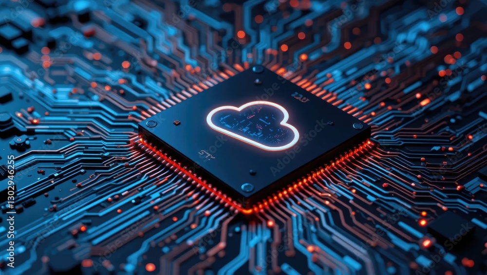 Aufkleber close-up view of a circuit board featuring a cloud symbol in a high-tech cybernetic environment