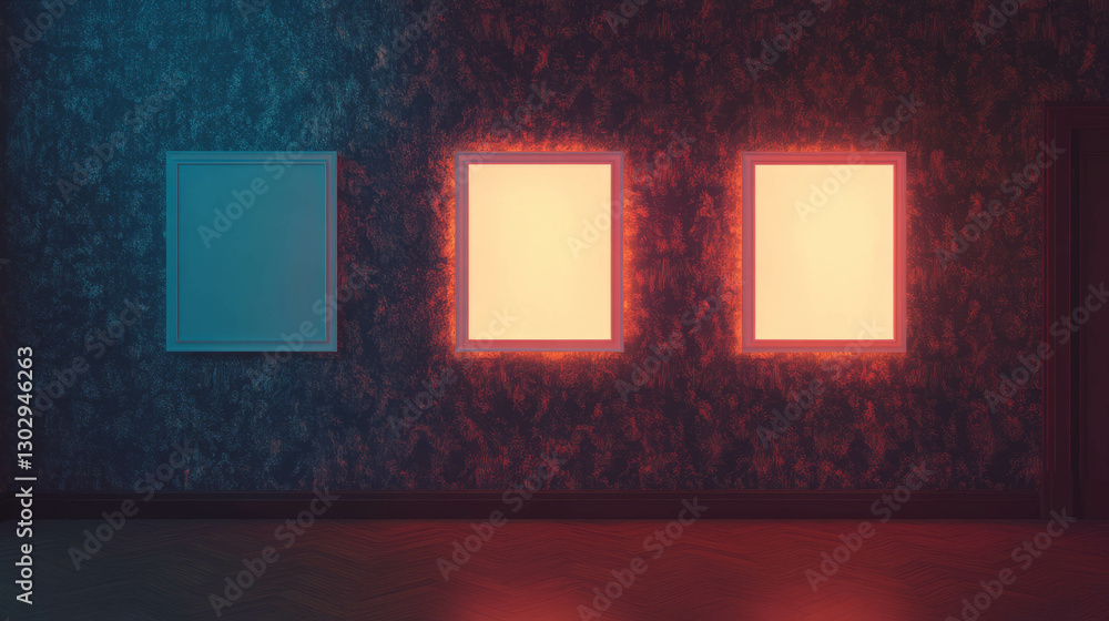 Poster Artistic wall display with three illuminated white frames in diamond pattern arrangement