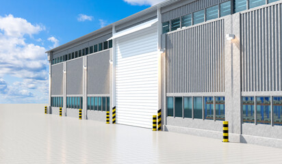 Naklejka premium Exterior of warehouse building. Facade of industrial hangar. Factory building with huge gates. Modern warehouse under blue sky. Spacious area in front of logistics center. 3d image.
