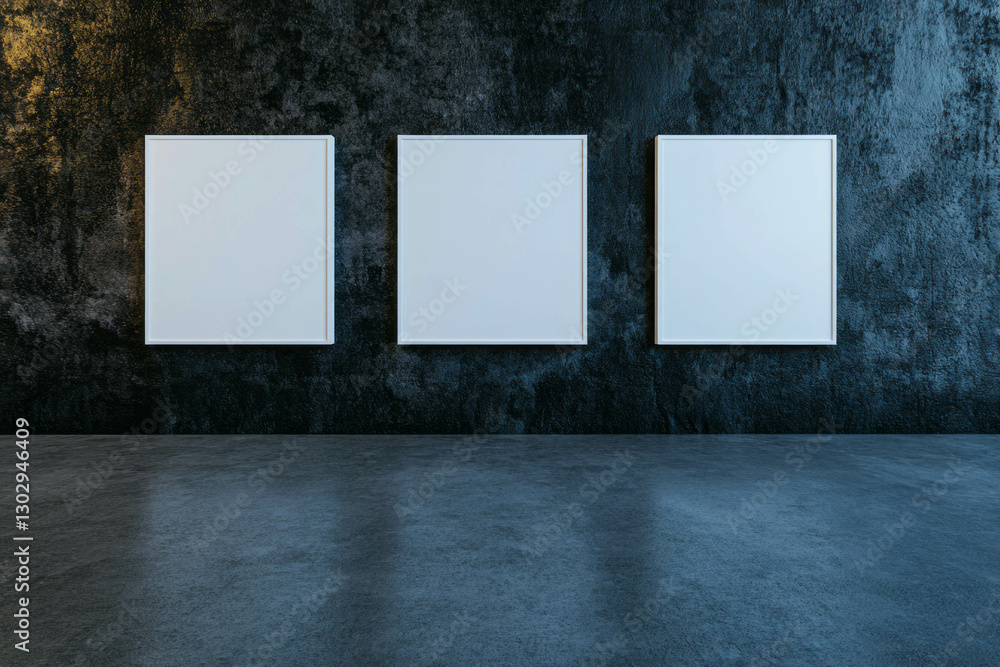 Poster modern interior design with three white frames in triangular arrangement on dark wall