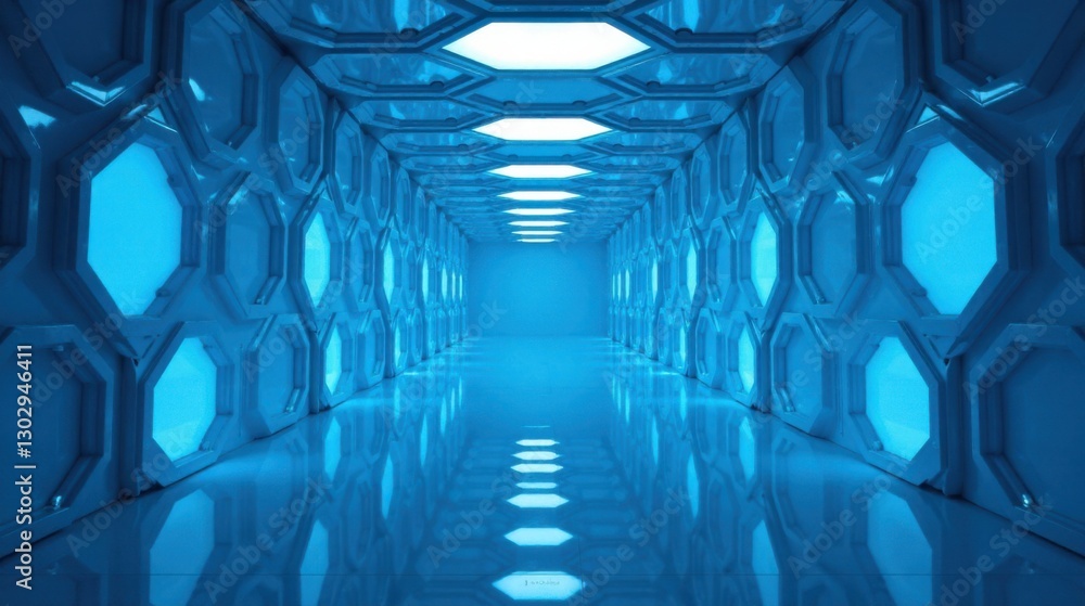 Poster futuristic corridor with illuminated hexagonal panels and reflective floor