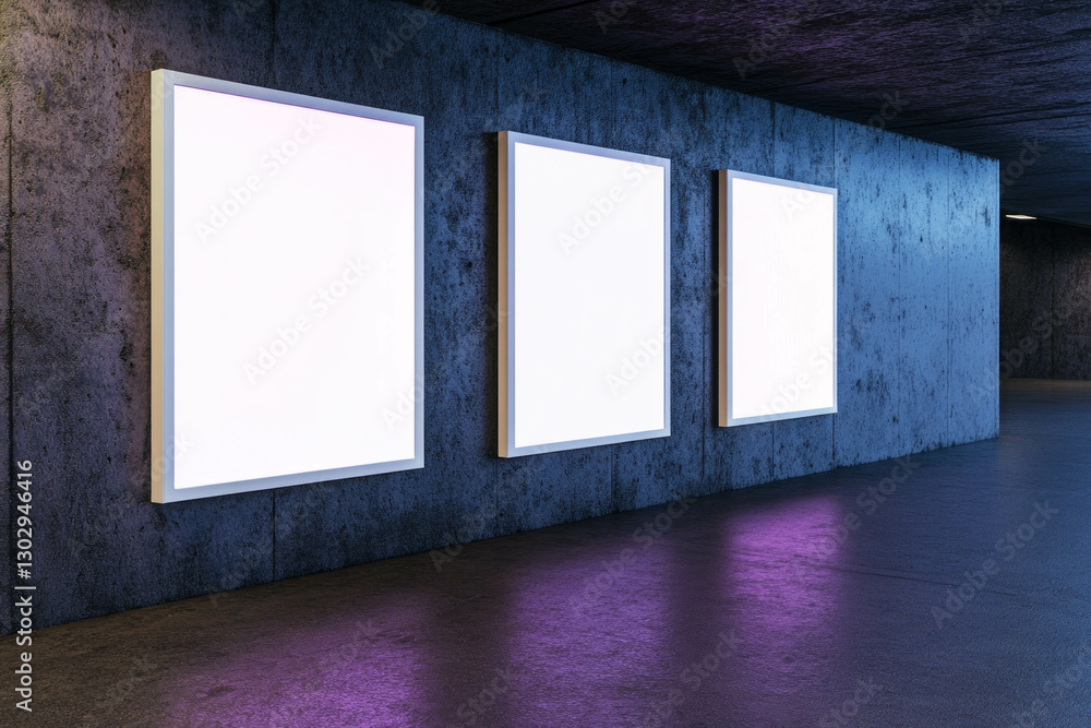 Poster contemporary art gallery setting with three white frames on textured wall