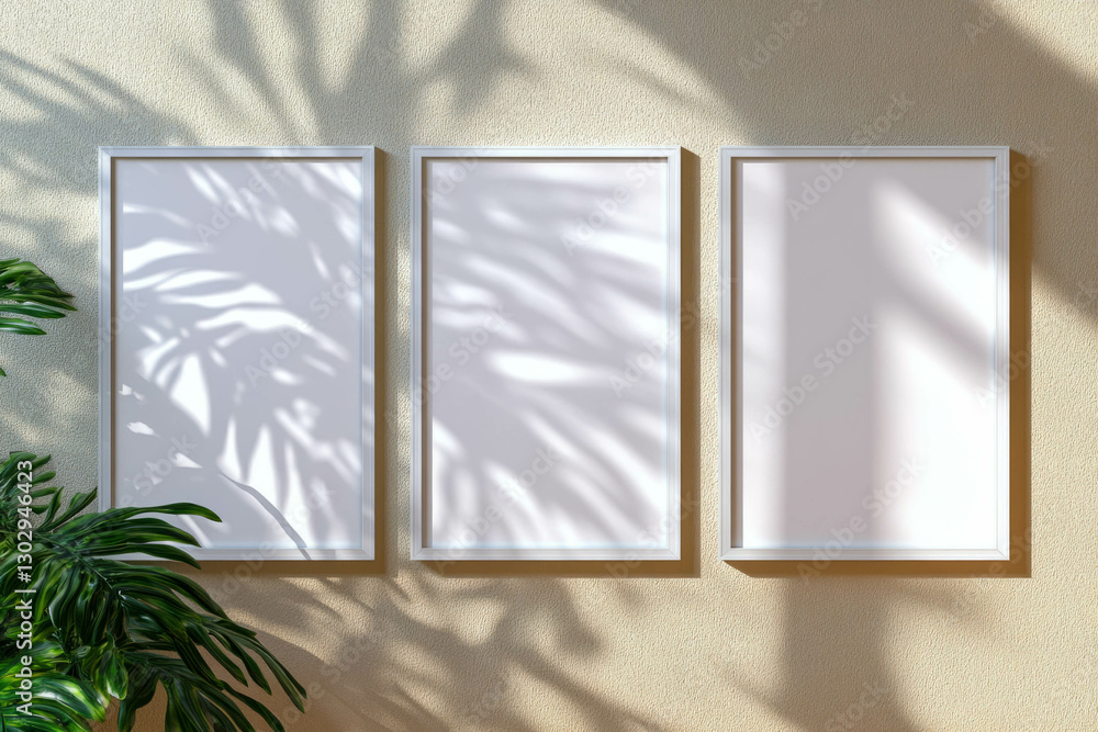 Poster Minimalist interior design with three white frames in staircase pattern and leaf shadows