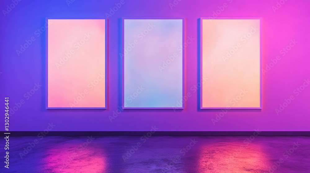 Poster modern art display with three white frames in vertical arrangement on gradient wall