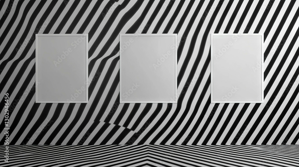 Poster modern abstract art display with white frames on striped zigzag wall