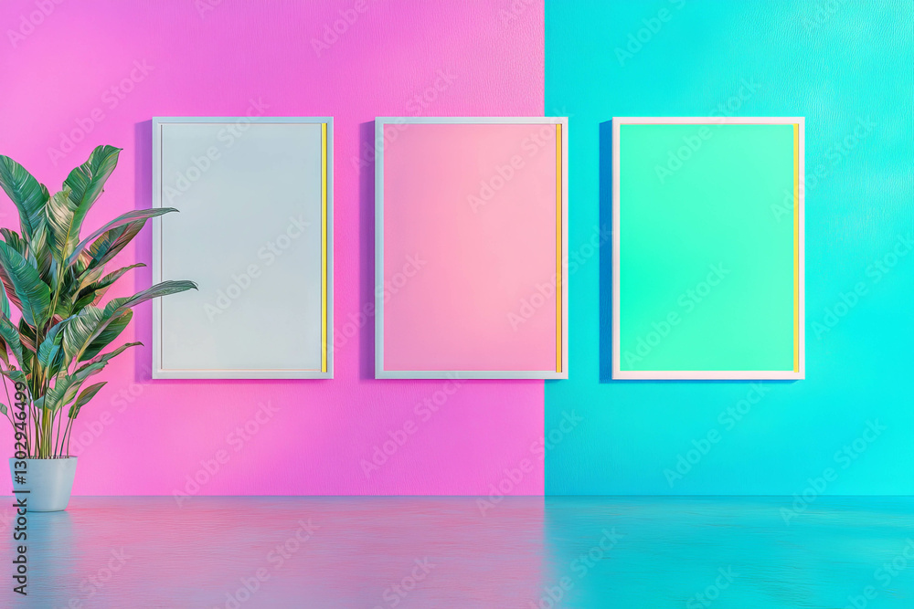 Poster modern art display with three white frames on vibrant pink and teal background