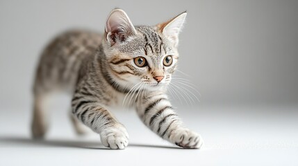 Fototapeta premium whole-body-lens,a cat playing,Egyptian Mau,white and no background --ar 16:9 --stylize 500 --v 6.1 Job ID: 79e22316-891f-4fbd-9d01-b9fbd9aa16c8