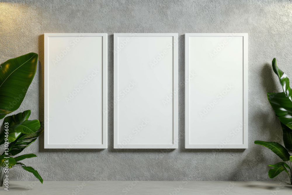 Poster modern minimalist art display with three overlapping white frames for home or office decor