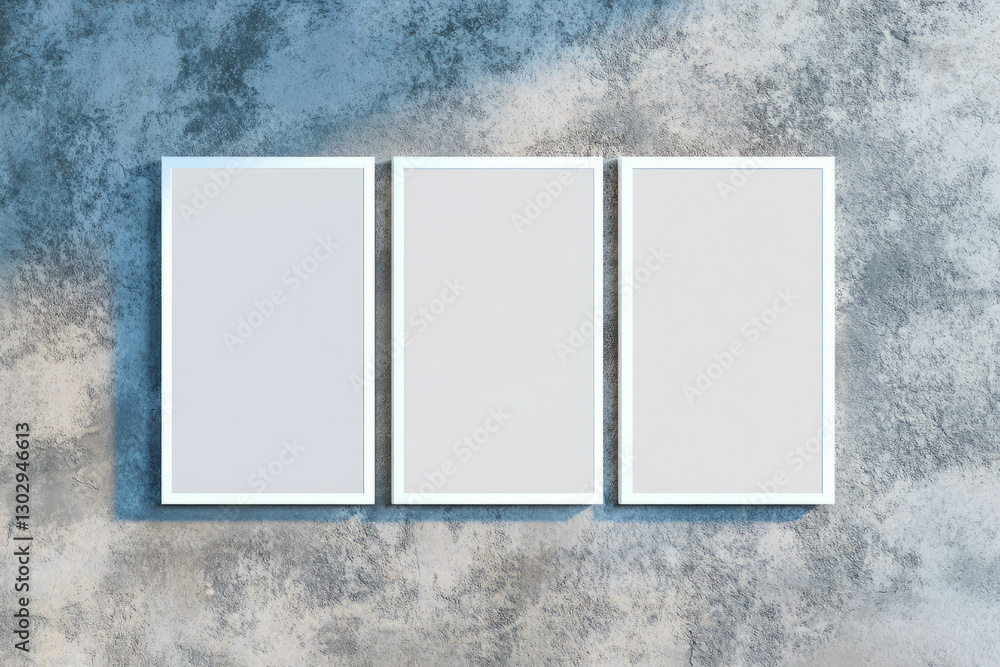 Poster Minimalist design with three overlapping white frames on textured wall background