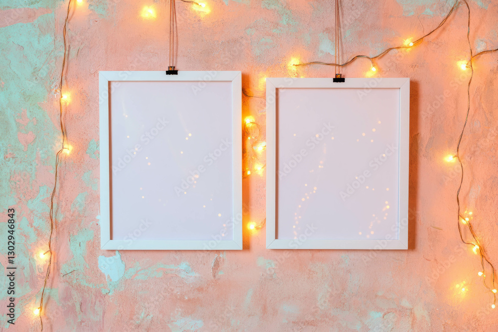 Aufkleber decorative white frames with string lights on a pink textured wall for creative display