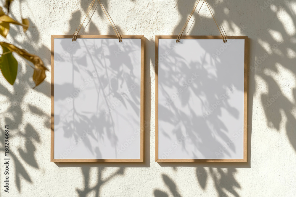 Poster minimalist design with two white frames hanging by thin string on sunlit wall