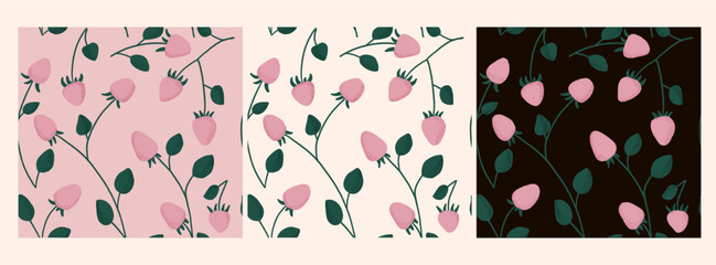 Pink strawberry seamless pattern with leaves on cream, blush and black background