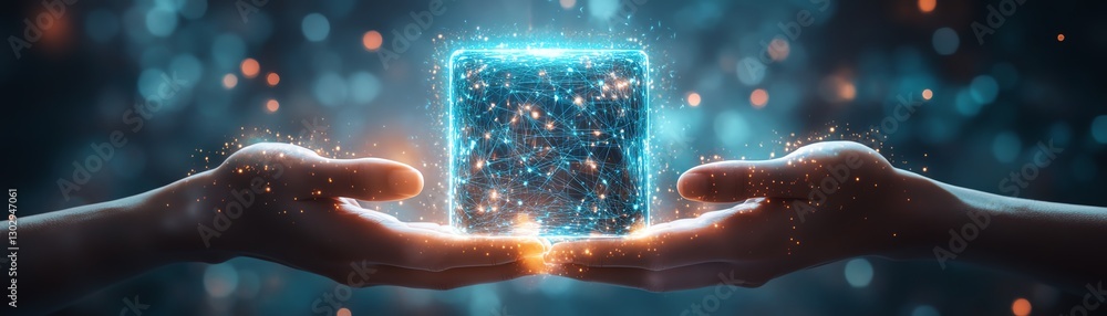 Aufkleber futuristic hands supporting a radiant cube filled with data streams