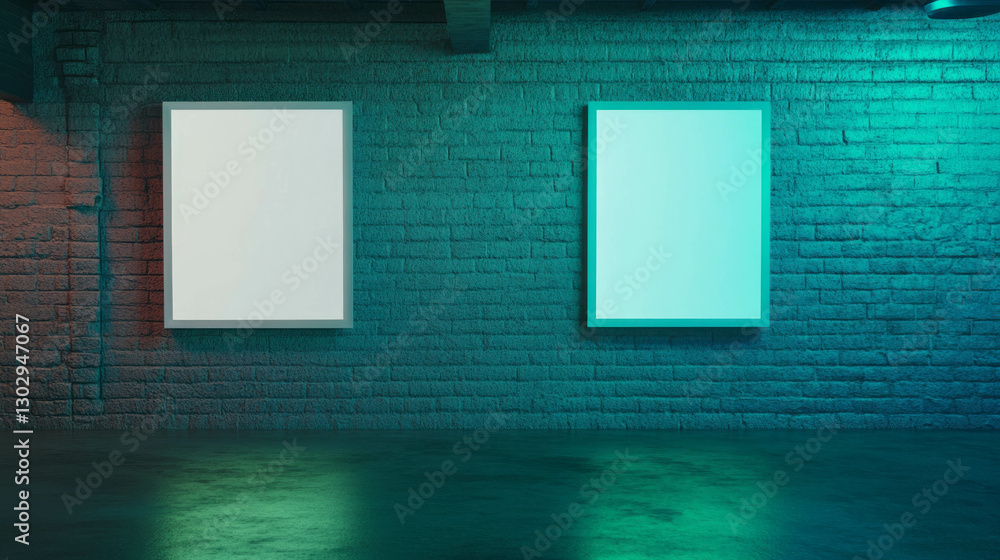 Poster contemporary art display with two white frames on textured wall background