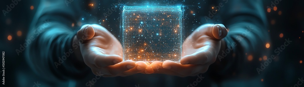 Aufkleber futuristic hands supporting a radiant cube filled with data streams