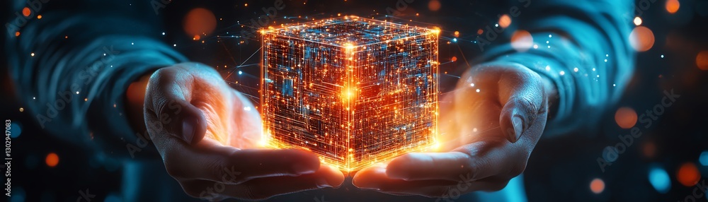 Aufkleber futuristic hands supporting a radiant cube filled with data streams