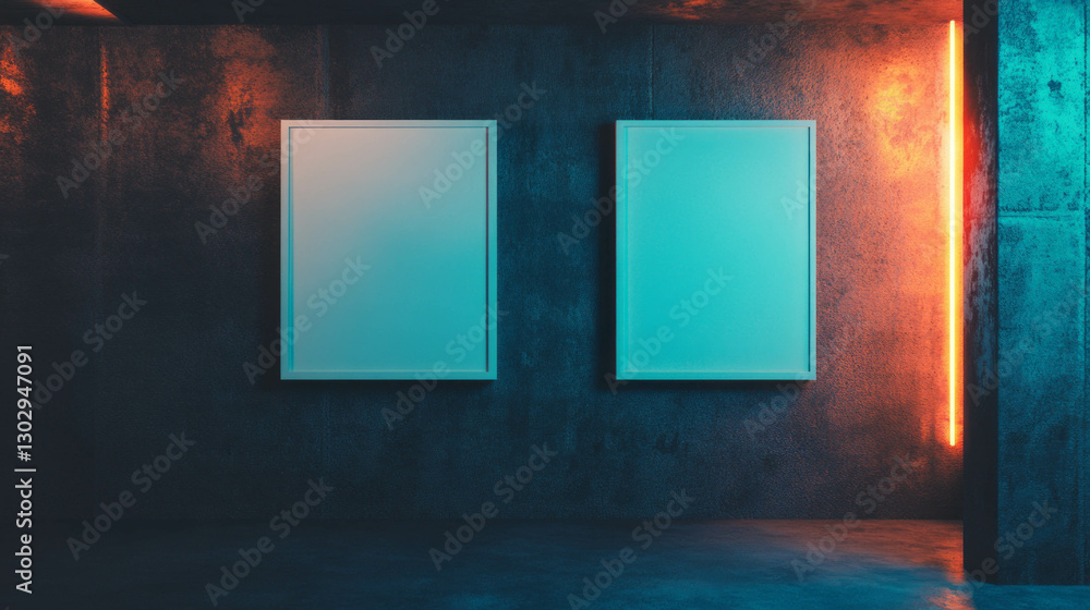 Poster modern interior with two white frames on textured wall for creative display design