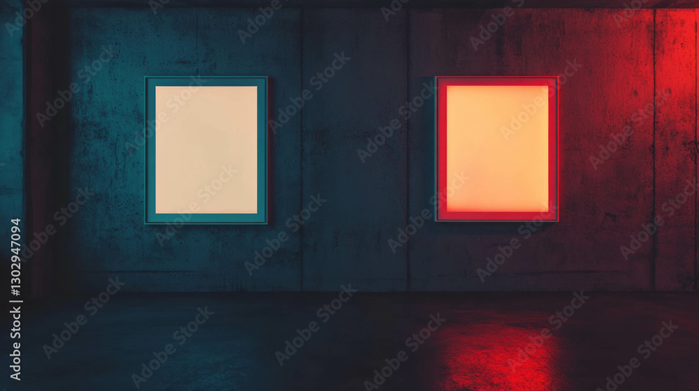 Poster Artistic display of two white frames on textured wall with dynamic lighting