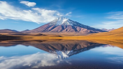A tranquil lake reflecting a perfectly symmetrical mountain peak