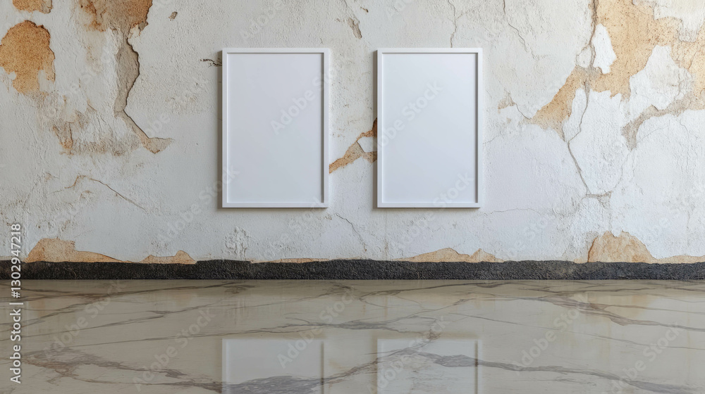 Poster minimalist interior design with two white frames on textured wall for modern art display
