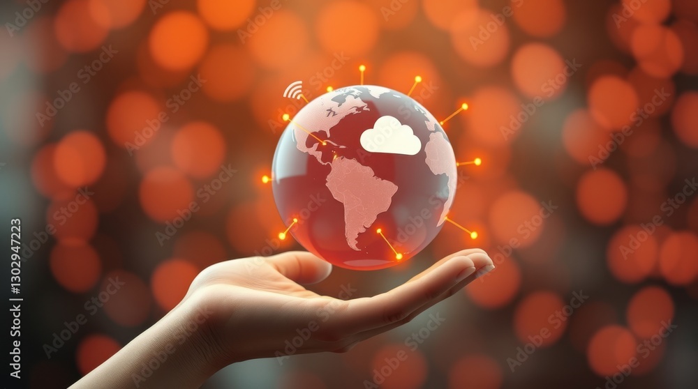 Poster global connectivity: sphere with networks and a cloud held in a hand, showing internet reach worldwi