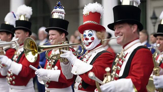 Carnival Band: A vibrant carnival band marches, trumpets blazing, a cheerful clown in their midst. The band is dressed in striking red and black uniforms.