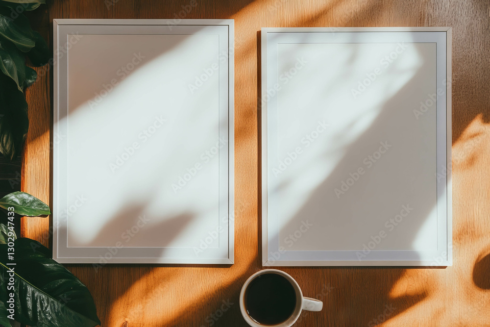 Poster minimalistic design with two white frames and coffee on wooden table