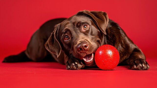 Cute brown dog playing with a red ball against an abstract red backdrop in a cheerful indoor environment