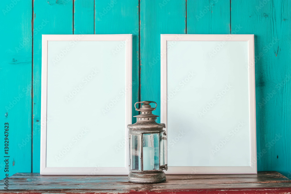Poster two white frames on rustic wooden table with turquoise background for home decor or art display