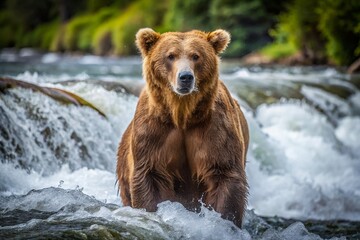 Powerful Grizzly Bear Standing in Rushing River Water, Alaska