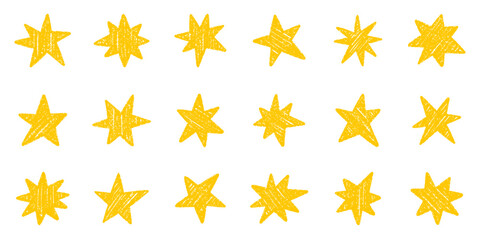 Chalk pencil stars and sparkles doodle set. Crayon Twinkle, blink, firework, glitter silhouette and glowing symbols in sketch style, Hand drawn vector illustration isolated on white background